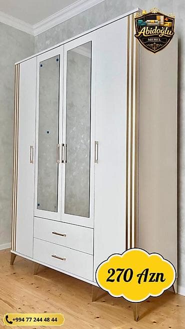 perla dolab: Yeni, 4 qapılı, Güzgülü, Ağ, Açılan, Düz dolab — 1