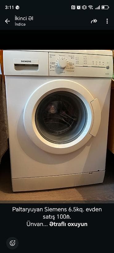 indesit paltaryuyan masin temiri: Siemens paltaryuyan maşın – 6.5 kq yükləmə həcmi. Xüsusiyyətlər: - Ön — 1