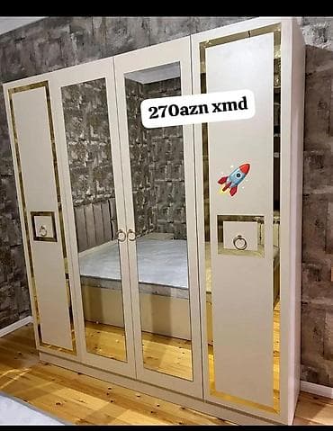 4 qapılı, Güzgülü, Bej, Açılan, Düz dolab