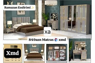 ev mebeli: Yataq otağı mebel dəsti. Dəstə çarpayı, geniş qarderob, 2 ədəd tumbа — 1