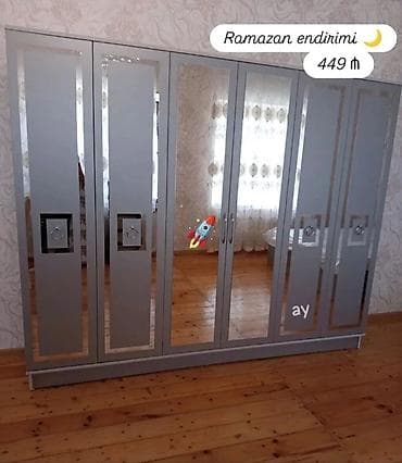 gap: - Geniş şkaf: 6 qapılı, güzgülü ön panellər, gümüşü-boz rəngdə. Daxili — 1