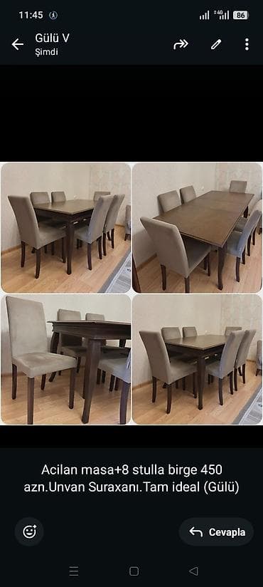 Acilan masa+8 stulla birge 450 azn.Unvan Suraxanı.Tam ideal (Gülü)