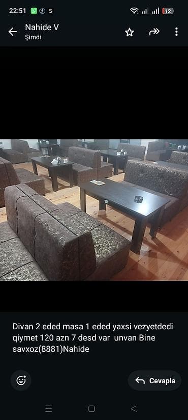 Divan 2 eded masa 1 eded yaxsi vezyetdedi qiymet 120 azn 7 desd var