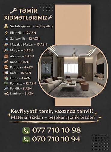 Təmir xidmətləri – peşəkar briqada Material sizdən, peşəkar işçilik