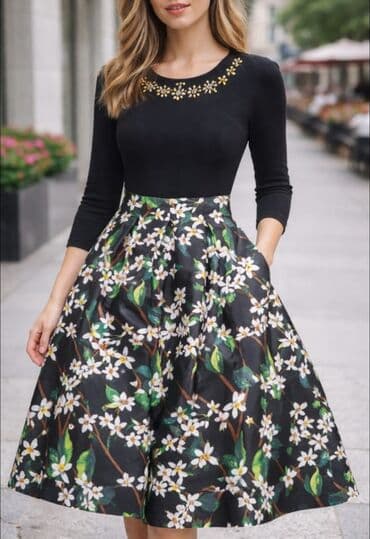 des geyimler: Qadın geyim dəsti 1) Çiçək naxışlı don - Üst hissə: qara rəng, 3/4 — 4