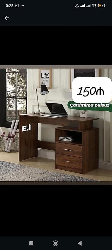stol ev ucun: Düz masa, Stulsuz, Polkalı, Siyirməli, MDF — 1