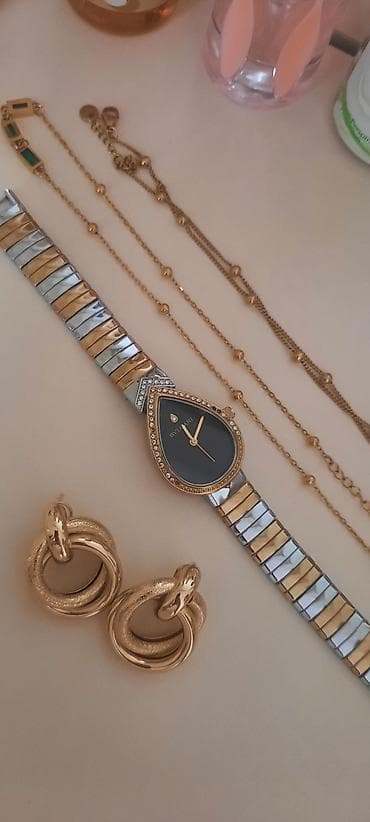 Бижутерия: Aksesuar dəsti - Qol saatı: armud formalı qara siferblat, qızılı — 1