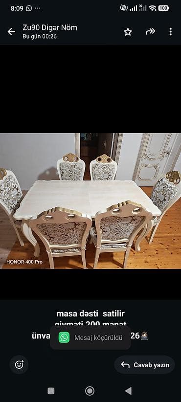 *masa dəsti satilir* *qiyməti 200 manat* *ünvan Lökbatan