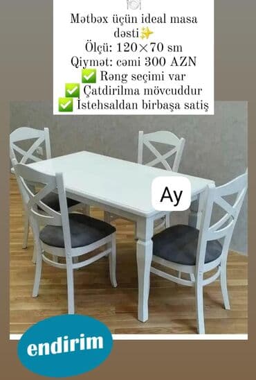 Mətbəx üçün, Yeni, Dördbucaq masa, 4 stul