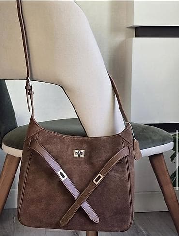 çxollar: Qəhvəyi çiyin çantası - Material: yumşaq süet korpus, hamar dəri — 1