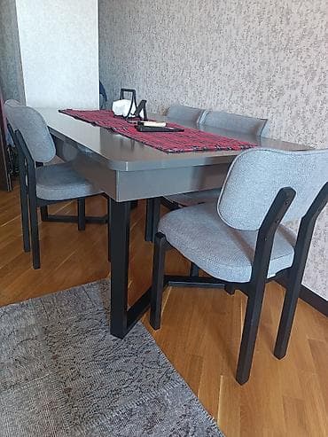 lovhe: Yemək masası və 4ədəd stul dəsti - Masa: düzbucaqlı forma, parlaq boz — 1