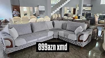 cay evi divan: Künc divan dəsti – yumşaq toxumalı boz rəng, alçaq taxta ayaqlar — 1