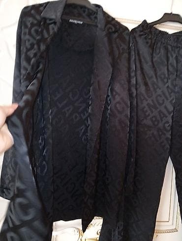 Qadın geyimləri: Qadın pijama stildə şalvar + kimano dəsti – qara rəng, atlas parça - — 3
