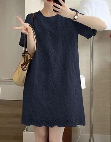 Qadın paltarı – tünd göy, qısaqoll, A-kəsim - Model: düz A-siluet — 3