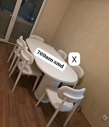 Ağ rəngdə yemək dəsti – oval masa və 6 ədəd stul - Minimalist, müasir — 1