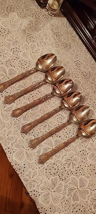 cay servisi: 6 ədəd dekorativ naxışlı desert qaşığı dəsti - Material: metal — 1