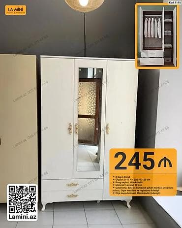 3 qapılı dolab Xüsusiyyətlər: - Ölçülər: Dərinlik 47 sm × Hündürlük — 1