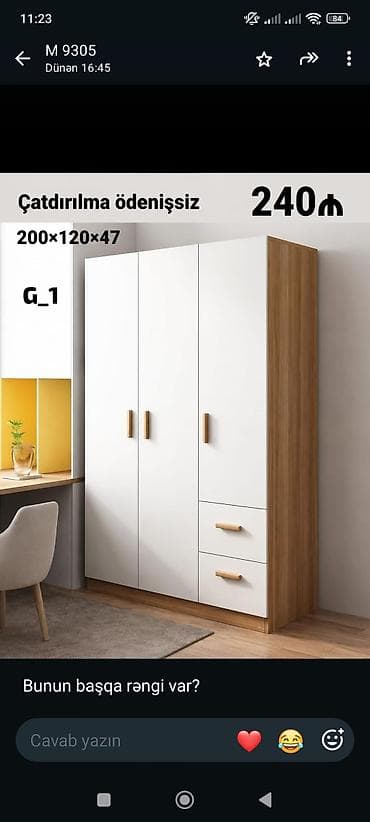 Üç qapılı geyim dolabı – G_1 modeli Ölçü: 200×120×47 sm Rəng və lalafo.az -da Üç qapılı geyim dolabı – G_1 modeli Ölçü: 200×120×47 sm Rəng və
