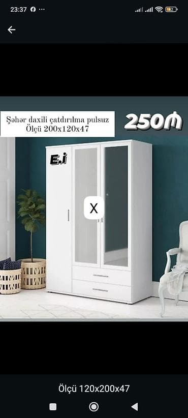 Ağ rəngli 3 qapılı paltar şkafı - Ölçü: 200 x 120 x 47 sm (şəkildə — 1