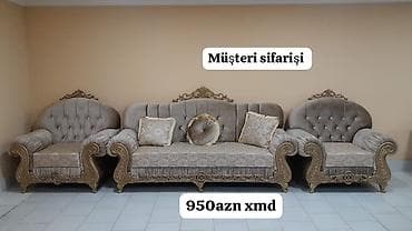 Klassik dəst: 3 oturacaqlı divan + 2 kreslo - Rəng: bej/şampan