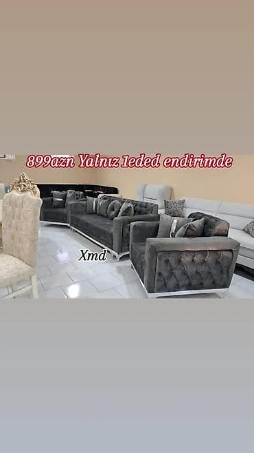 3+1 qonaq dəsti – tünd boz rəng, qaralı parça/velur toxuması. -