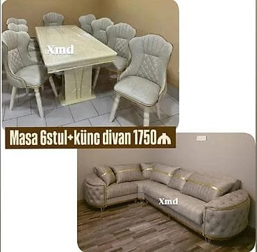 Mebel dəsti: - Yemək masası + 6 ədəd stul - Künc divan Yemək dəsti: -