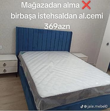 bal: Mavi rəngli yumşaq başlıqlı çarpayı dəsti. Yüksək və şaquli tikişli — 1