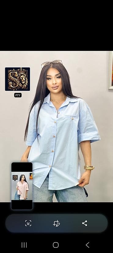 yeni geyim: Qadınlar üçün qısaqoll düyməli köynək - Model: oversize kəsim, rahat — 2