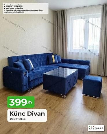 pufik divan: Künc divan – 260×160 sm - Mexanizm: açılan, bazalı (yataq funksiyalı — 1