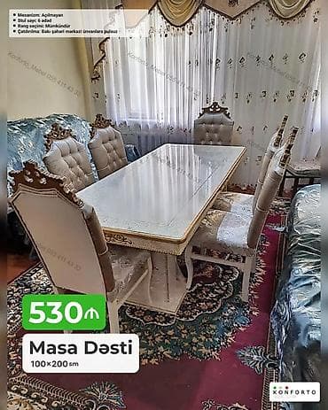 kohnə stul: Masa Dəsti – 100×200 sm - Klassik üslubda, oyma dekorlu yemək masası — 1