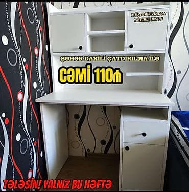 stol mebel: Ağ rəngli funksional iş masası - Üst hissədə iki qapalı dolab, ortada — 1