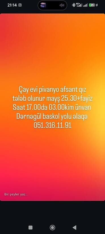 Ofisiant tələb olunur, Kafe, Gündəlik ödəniş, 30-45 yaş