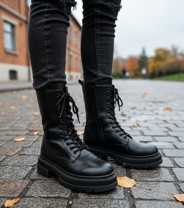 Qara dəri lace-up hərbi üslubda botlar - Material: hamar qara