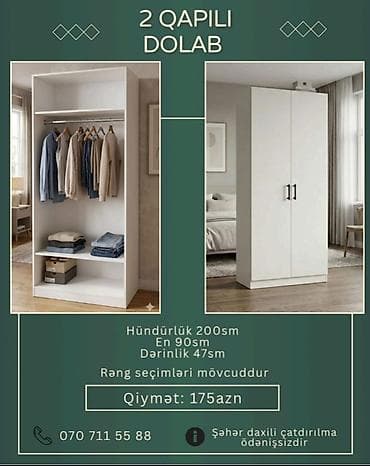 ayaqqabı dolabı tap az: 2 qapılı geyim dolabı - Ölçülər: hündürlük 200 sm, en 90 sm, dərinlik — 5