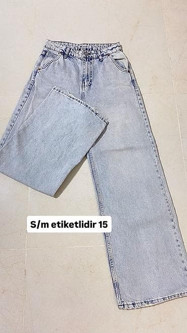 Açıq mavi rəngli straight kəsimli cins şalvar. - Ölçü: S/M