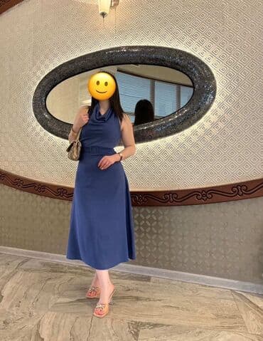 детские платья с длинным рукавом: Mavi rəngli midi don - Model: beldən kəmərli, A-kəsim ətək - Yaxa — 2