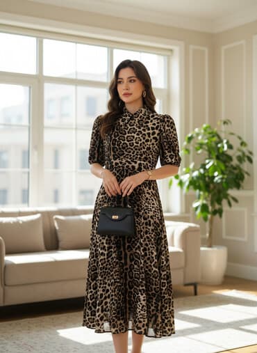 qəhvəyi donlar: Leopar naxışlı qadın paltarı - Model: Uzun, axıcı kəsim - Yaxa — 1