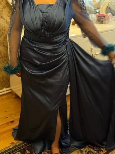 boyuk bədən paltarlar: Göy atlas ziyafət donu satılır. Xanım artıq çəki verdiyinə görə paltar — 4