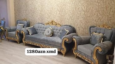 dekor divar: Klassik üslubda 3+1+1 dəst salon mebeli. - Rəng: boz (qızılı oyma — 1
