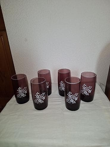 dondurma qablari: Stəkanlar, rəng - Bənövşəyi, Şüşə, 6 ədədli dəst, SSRİ — 1