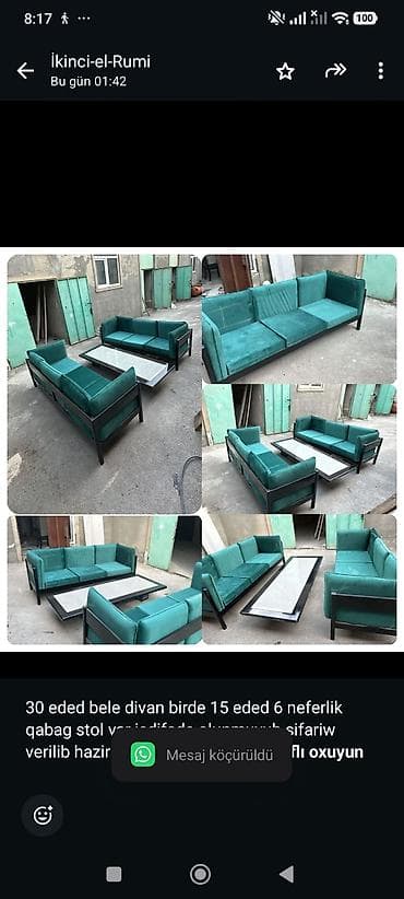 30 eded bele divan birde 15 eded 6 neferlik qabag stol var isdifade