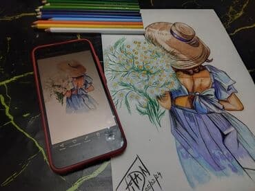 ручная швейна машина: "Çobanyastığılarla qız" karandaş, kağız Ölçü : A4 çərçivə ilə — 4