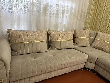 divan olcusu: Bej rəngdə L formalı yumşaq künc divan dəsti - Parça: yumşaq, velur — 3