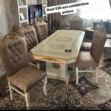 Masa və oturacaq dəstləri: Qonaq otağı üçün, Yeni, Açılmayan, Dördbucaq masa, 6 stul — 1