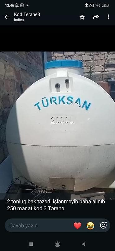 türk: Türksan su çəni – 2000 L (2 ton) - Material: plastik/ polietilen gövdə — 1