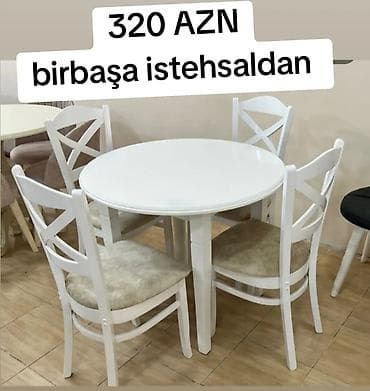 stul bar: Ağ rəngli yemək dəsti – 1 dairəvi masa + 4 stul - Masa: dairəvi — 1