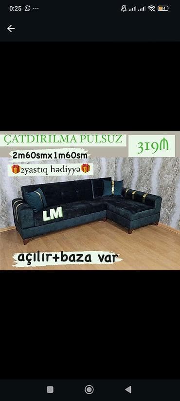 oturaca: Künc divan – açılır və bazalı model. - Ölçü: 2 m 60 sm x 1 m 60 sm - — 1