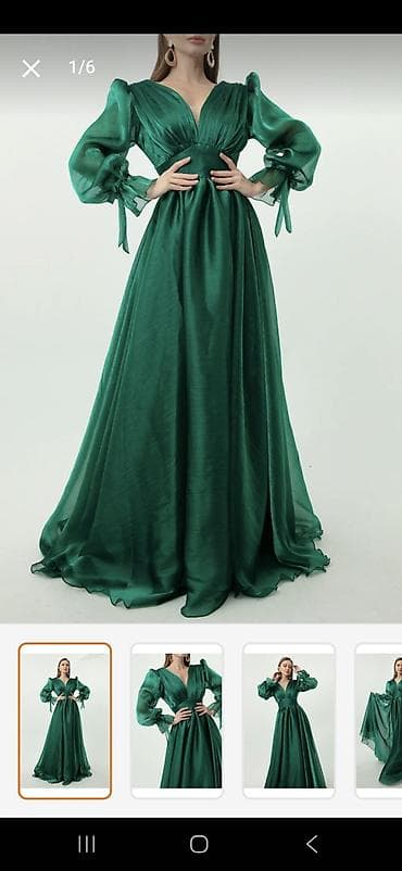 flo memar ecemi: Salam.Tünd zümrüd-yaşıl rəngdə şifon fakturalı uzun ziyafət/nişan/gecə — 5