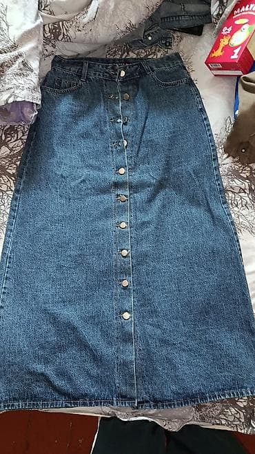deri pul qabi: Denim ətək – düyməli, orta/uzun model - Material: qalın göy denim — 1