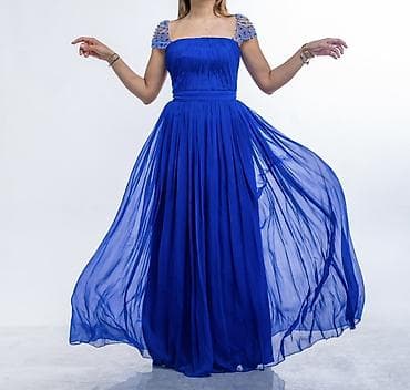 vecerni platya 2023: Mavi rəngli uzun ziyafət/abituriyent geyimi - Model: uzun, axıcı — 2